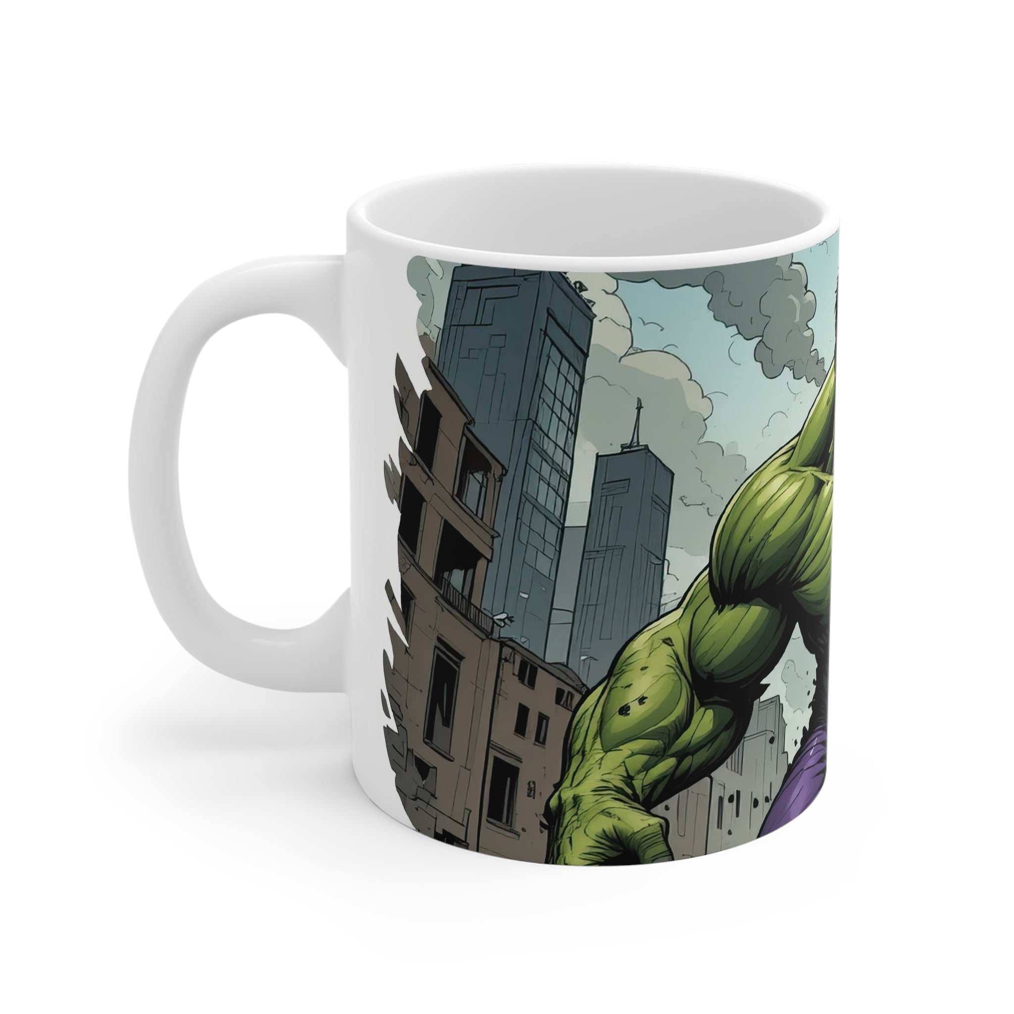Hulk Superhero Coffee Mug with vibrant comic design on white ceramic, glossy finish, microwave and dishwasher safe