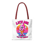 Lick Me Till Ice Cream Tote Bag with cheeky design and colorful handles, made of durable spun polyester, available in three sizes for everyday use