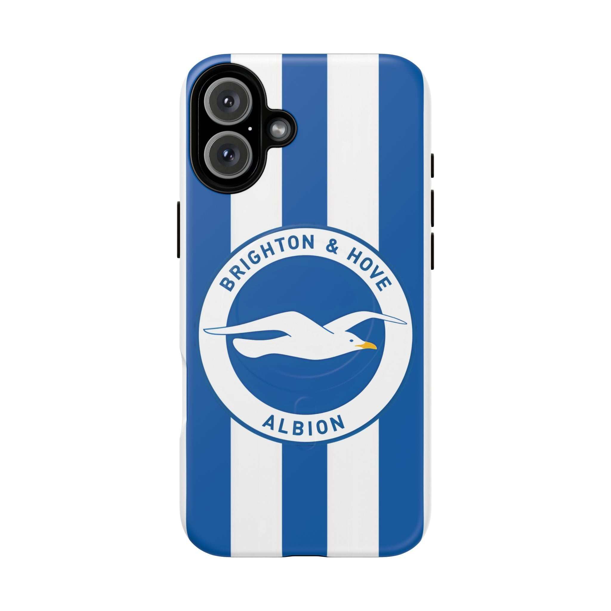 Brighton FC MagSafe iPhone case with blue and white stripes and seagulls crest, dual-layer protection, and MagSafe compatibility