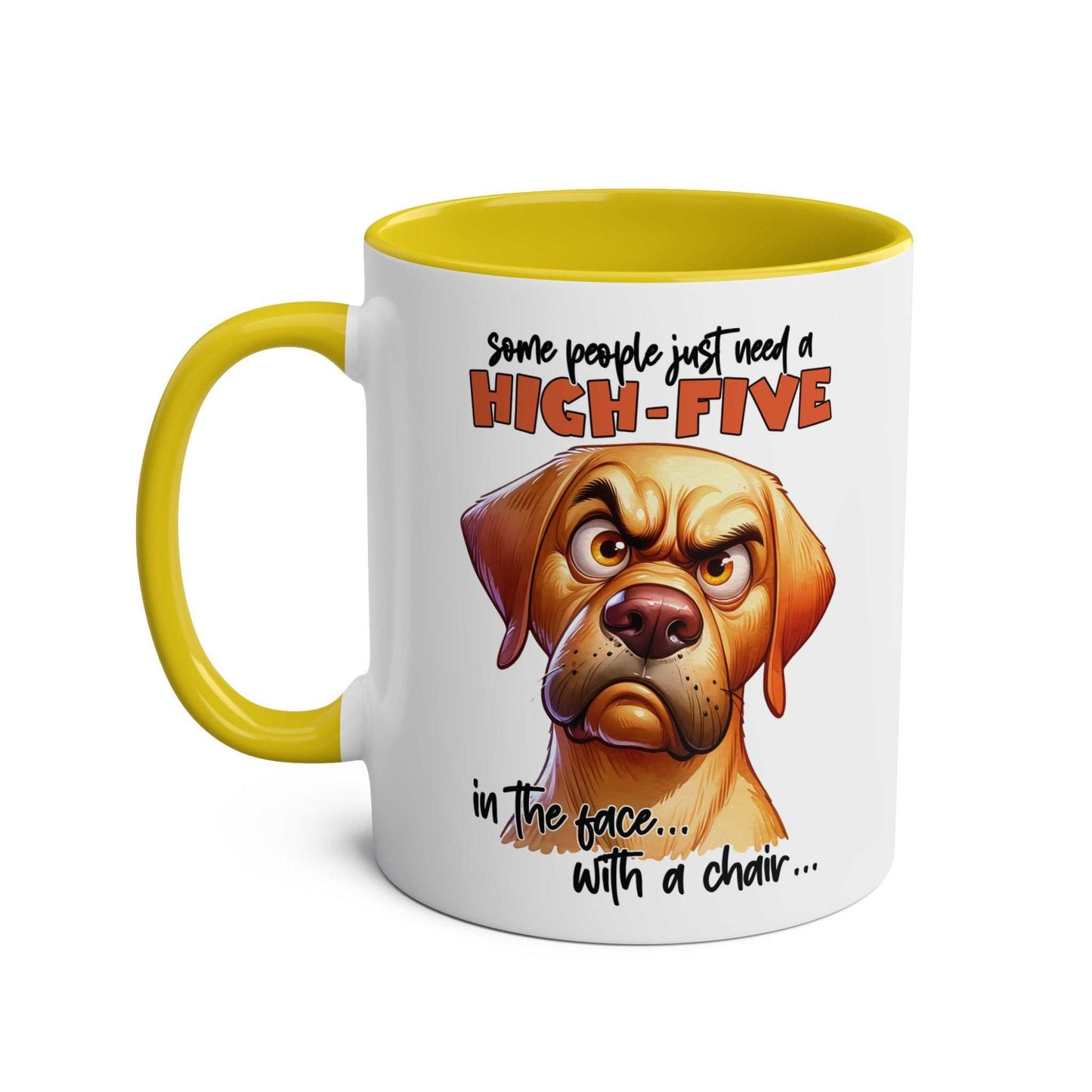 High Five Coffee Mug with snarky dog graphic and yellow handle.