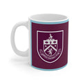 Burnley FC Mug with claret and blue design, 11oz ceramic, vibrant print, glossy finish, microwave and dishwasher safe