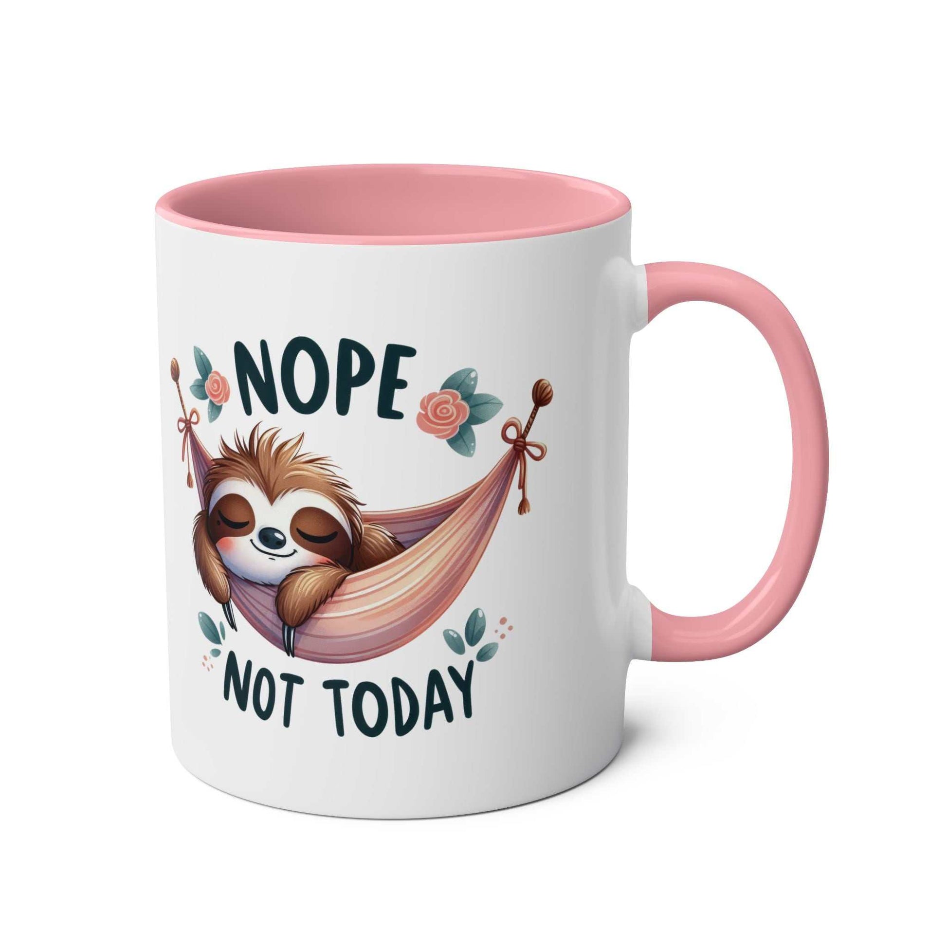 Cute sloth coffee mug with "Nope Not Today" design, pink handle, animal lover gift, 11oz ceramic, microwave and dishwasher safe.