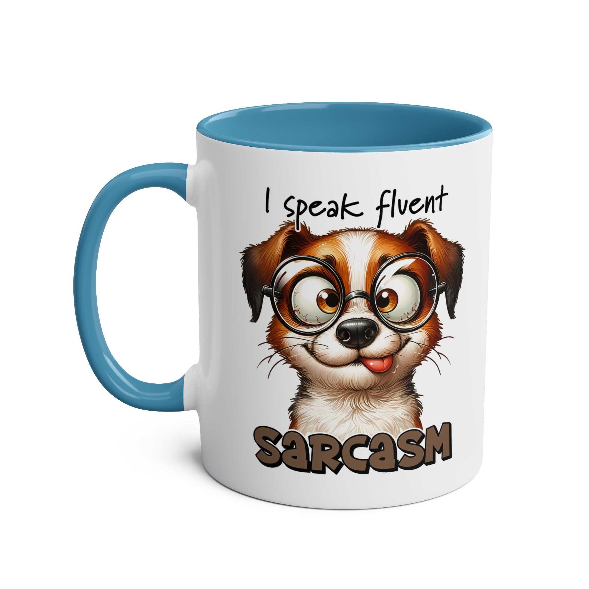 Sarcasm Coffee Mug with quirky dog design, glossy finish, blue handle.