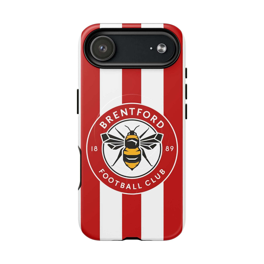 Brentford FC MagSafe iPhone case with red and white stripes and club crest, dual layer protection, and wireless charging compatible