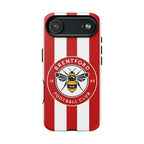Brentford FC MagSafe iPhone case with red and white stripes and club crest, dual layer protection, and wireless charging compatible