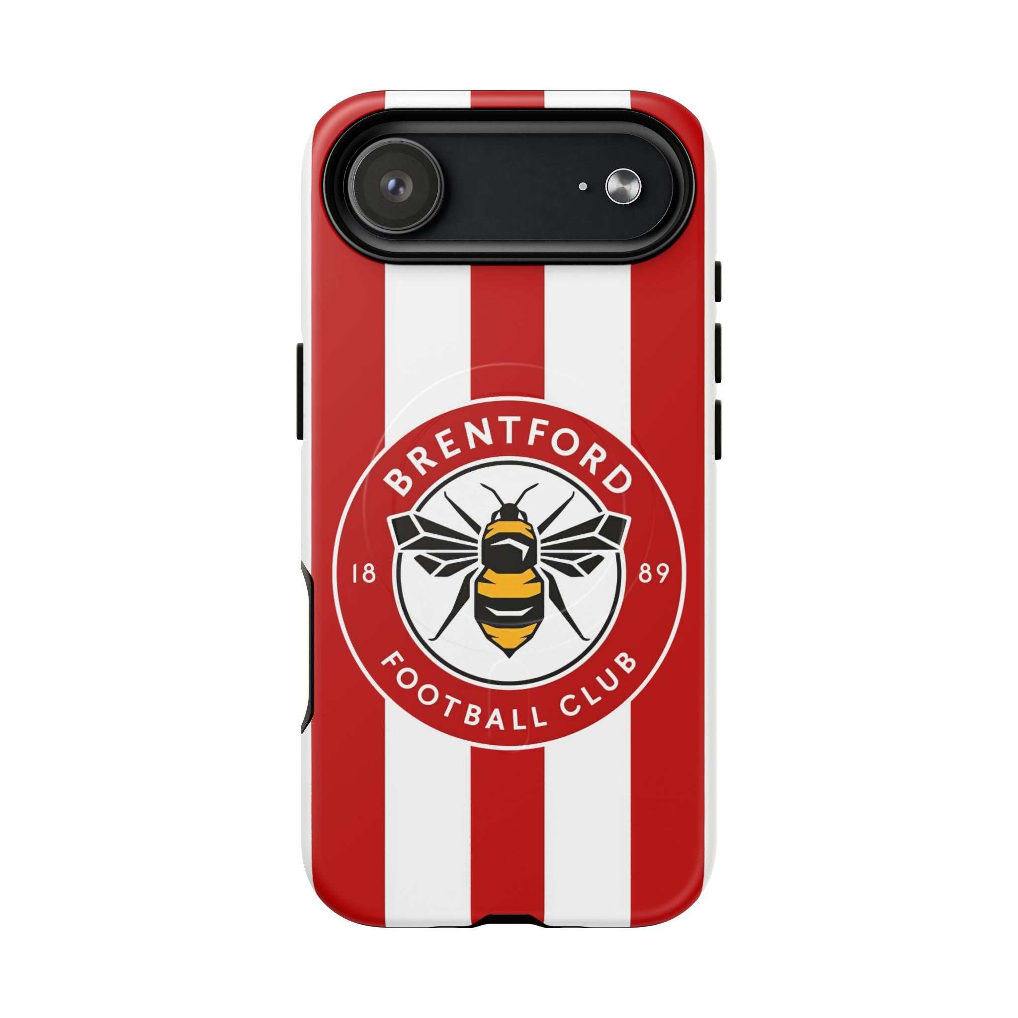 Brentford FC MagSafe iPhone case with red and white stripes and club crest, dual layer protection, and wireless charging compatible