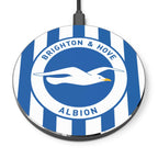 Brighton FC wireless charger with blue and white design and seagull crest, 10W fast charging, durable aluminum casing, and acrylic faceplate.