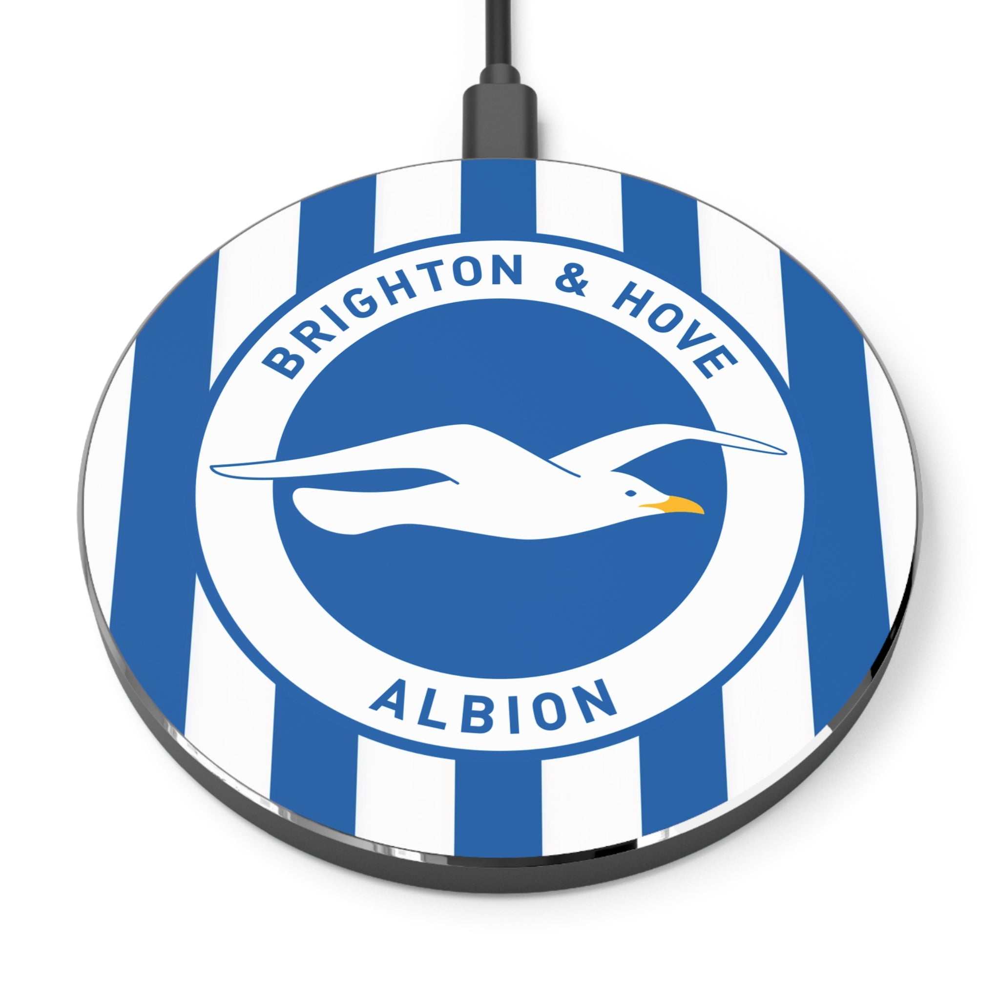 Brighton FC wireless charger with blue and white design and seagull crest, 10W fast charging, durable aluminum casing, and acrylic faceplate.