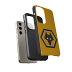 Wolves FC Magnetic Samsung Case with gold and black colors, dual-layer protection, and wireless charging compatibility.
