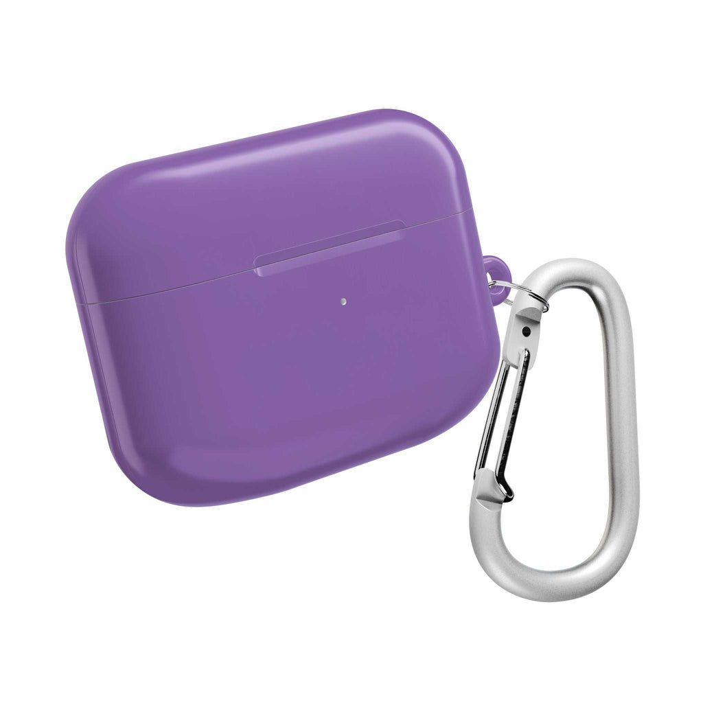 Purple hard shell AirPods and AirPods Pro protective case with carabiner clip and glossy finish