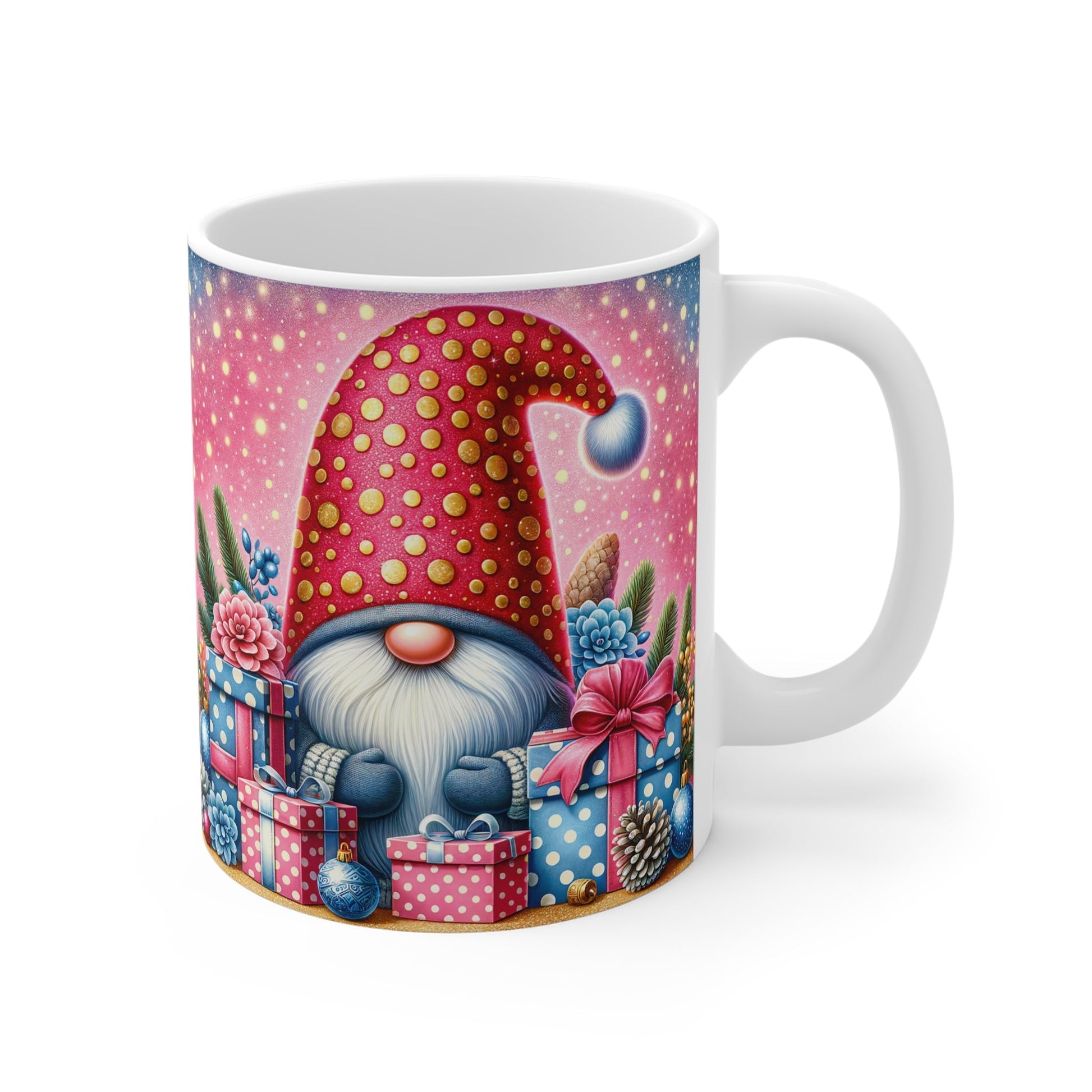 Christmas Gnome Mug with festive design and glossy finish, perfect for hot chocolate.