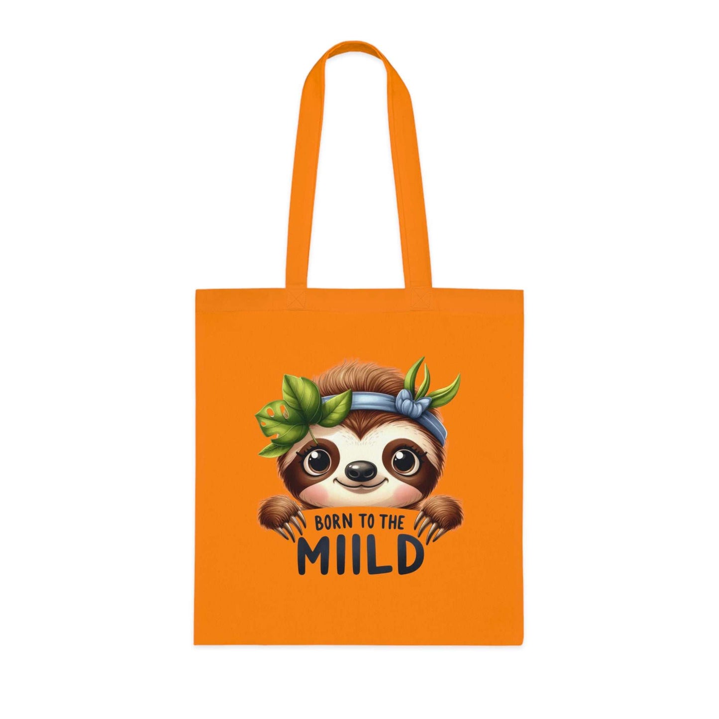 Cotton tote bag with cute sloth design in vibrant colors.