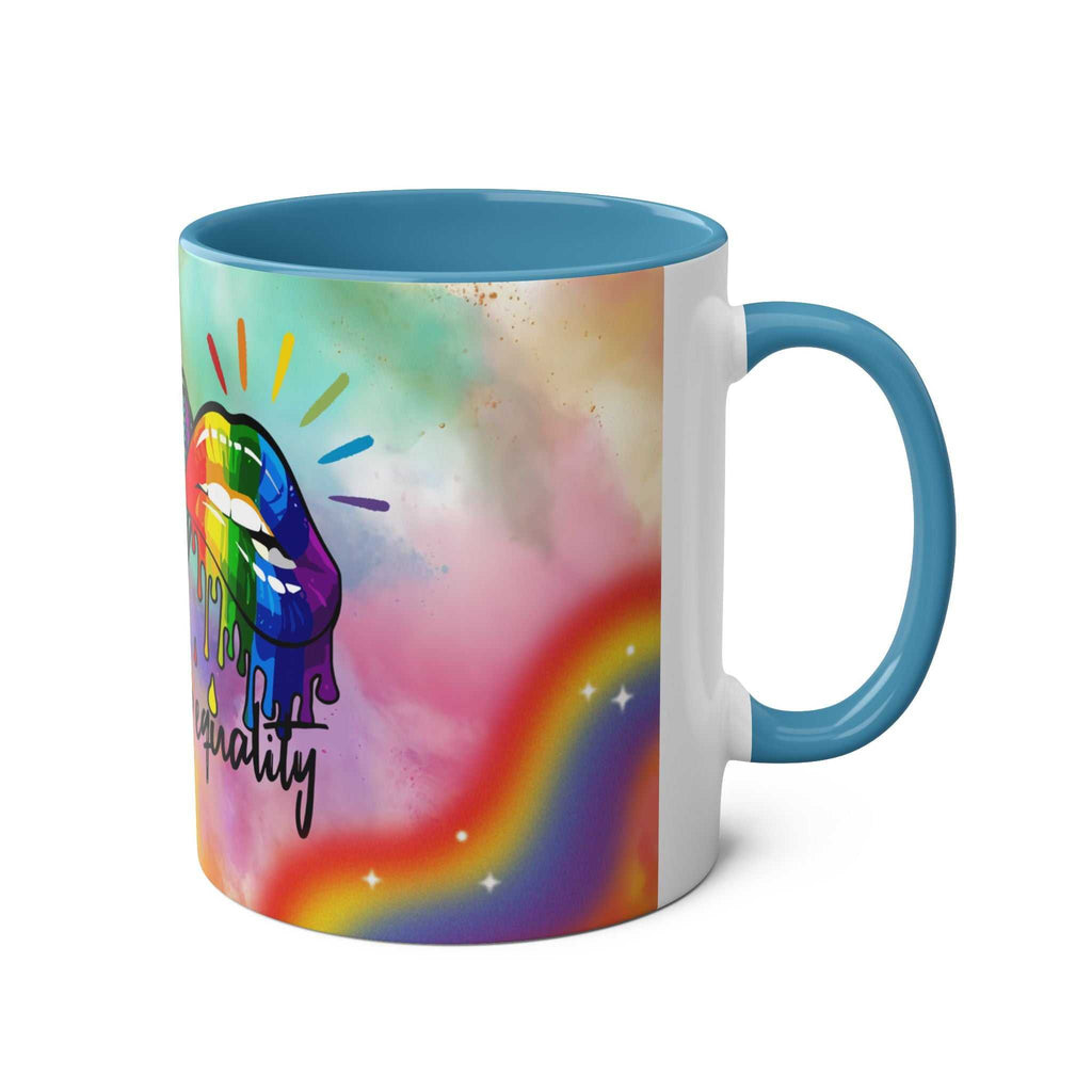 LGBTQ+ Pride Mug with vibrant rainbow design and glossy finish.