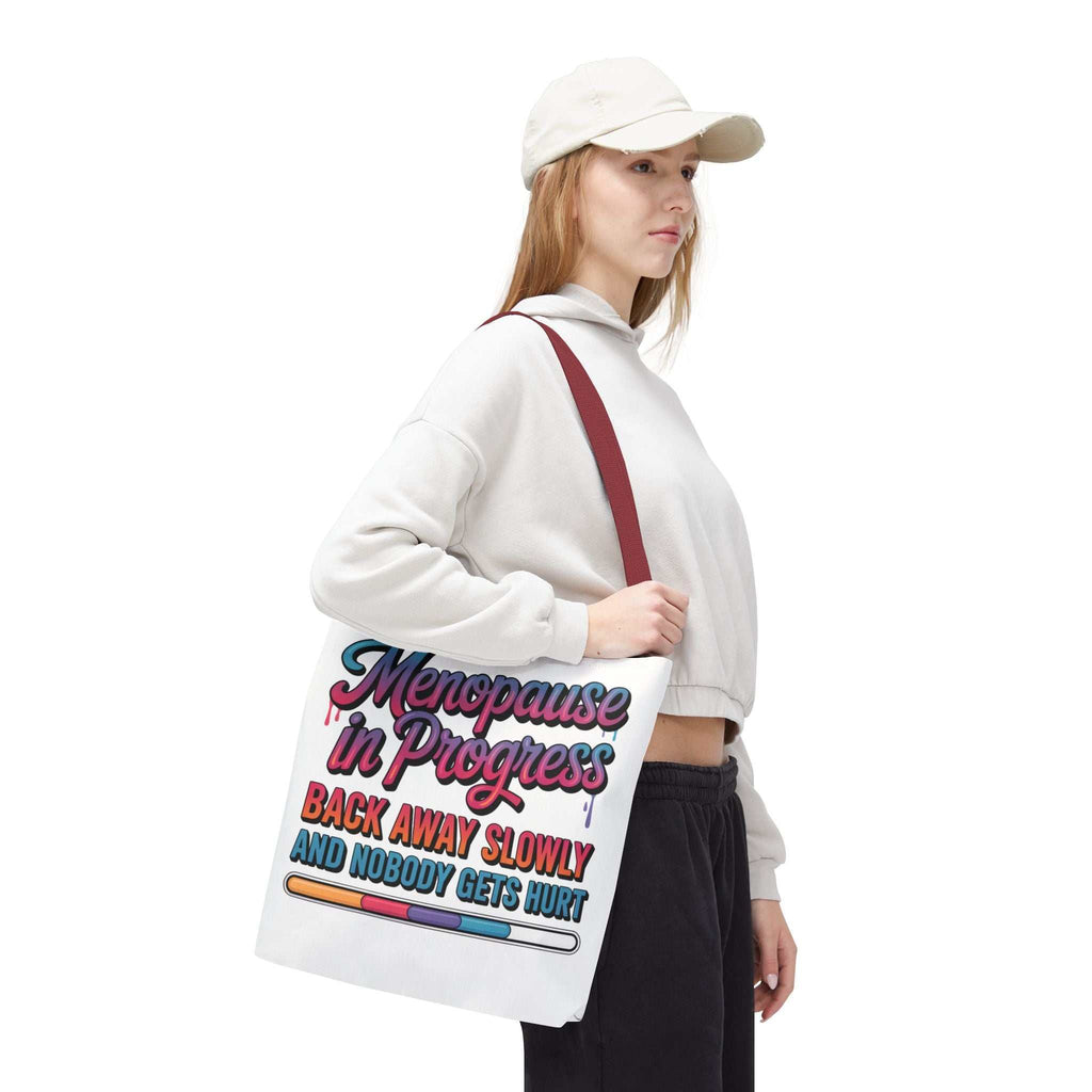 Menopause in Progress tote bag with cheeky design and durable polyester fabric