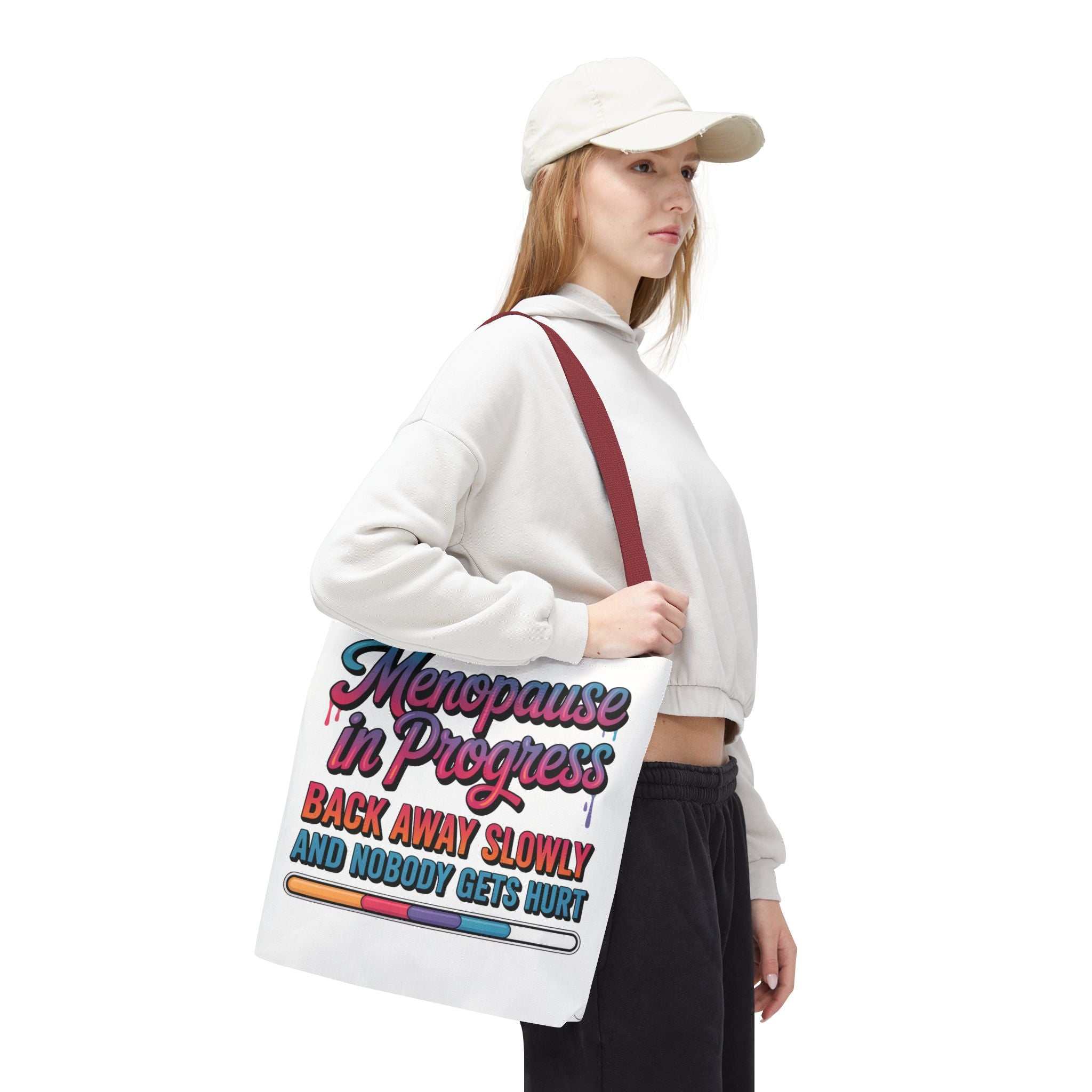 Menopause in Progress tote bag with cheeky design and durable polyester fabric