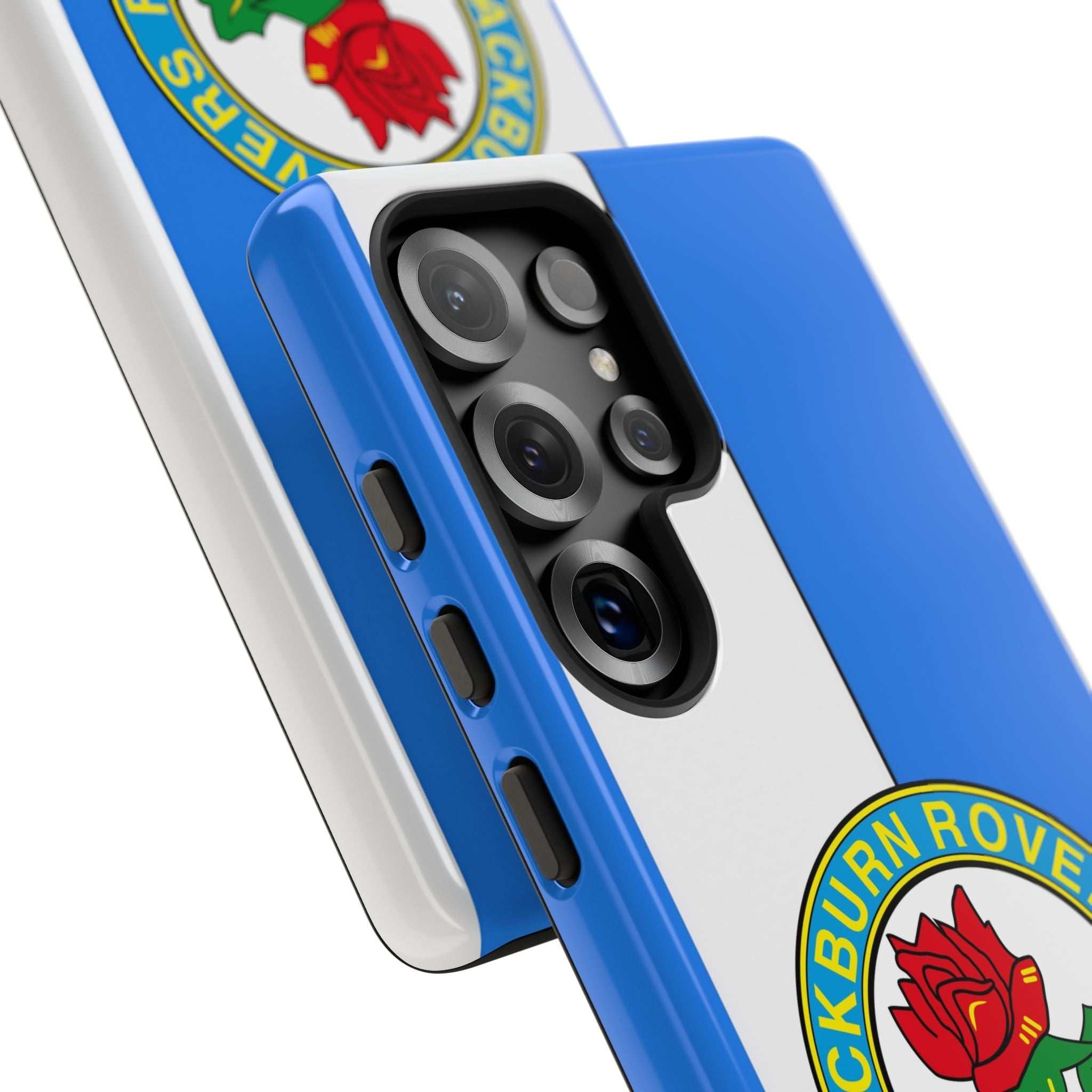 Blackburn Rovers blue and white Samsung phone case with magnetic feature and dual-layer protection