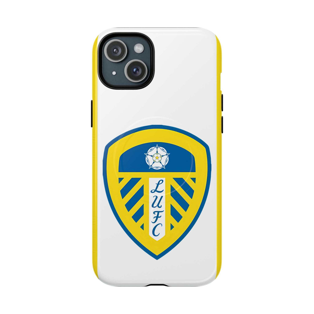 Leeds Utd MagSafe iPhone case with club crest, dual-layer protection, and MagSafe compatibility