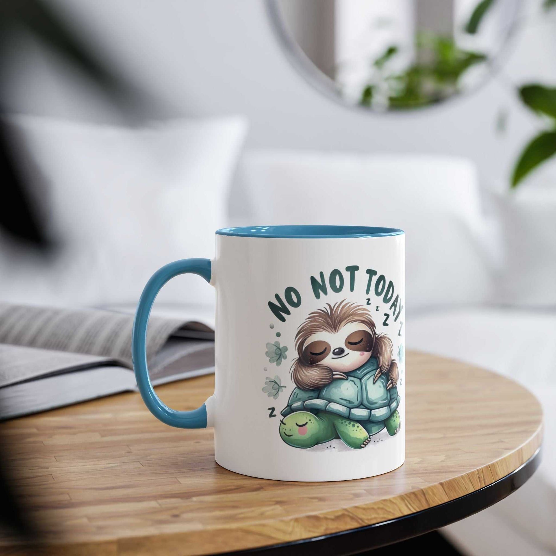 Cute sloth coffee mug with whimsical design on wooden table.