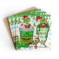 Grinch Fun Christmas coaster set with high-gloss MDF tops and cork backs, featuring iconic Grinch design, 4-piece non-slip coasters for holiday decor