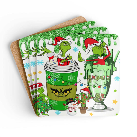 Grinch Fun Christmas Coaster Set with festive designs, non-slip cork backing, and heat-resistant surface.