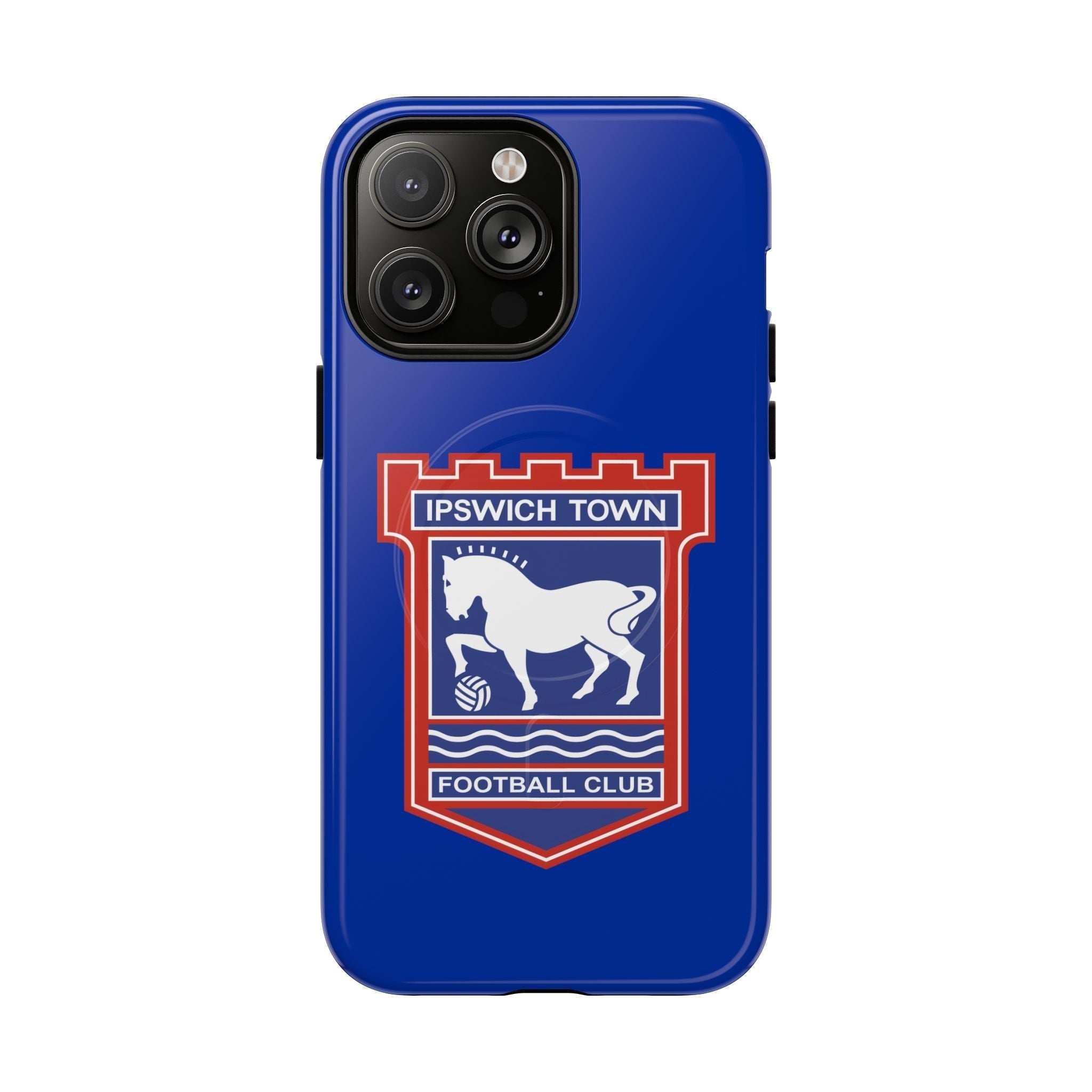 Ipswich Town MagSafe iPhone case with blue background and club crest, dual-layer protection and MagSafe compatibility
