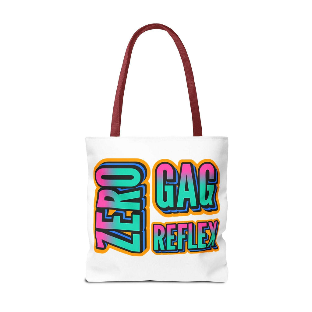 Cheeky Zero Gag Reflex Tote Bag with colorful handles, durable spun polyester, and three sizes for everyday use