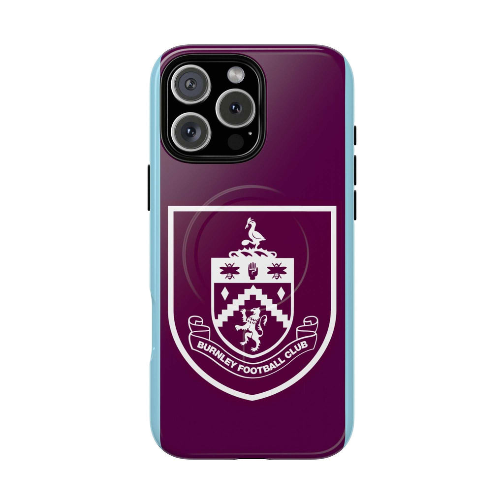 Burnley FC MagSafe iPhone case in claret and blue with club crest, slim dual-layer protection, and MagSafe compatibility