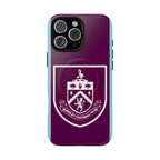 Burnley FC MagSafe iPhone case in claret and blue with club crest, slim dual-layer protection, and MagSafe compatibility