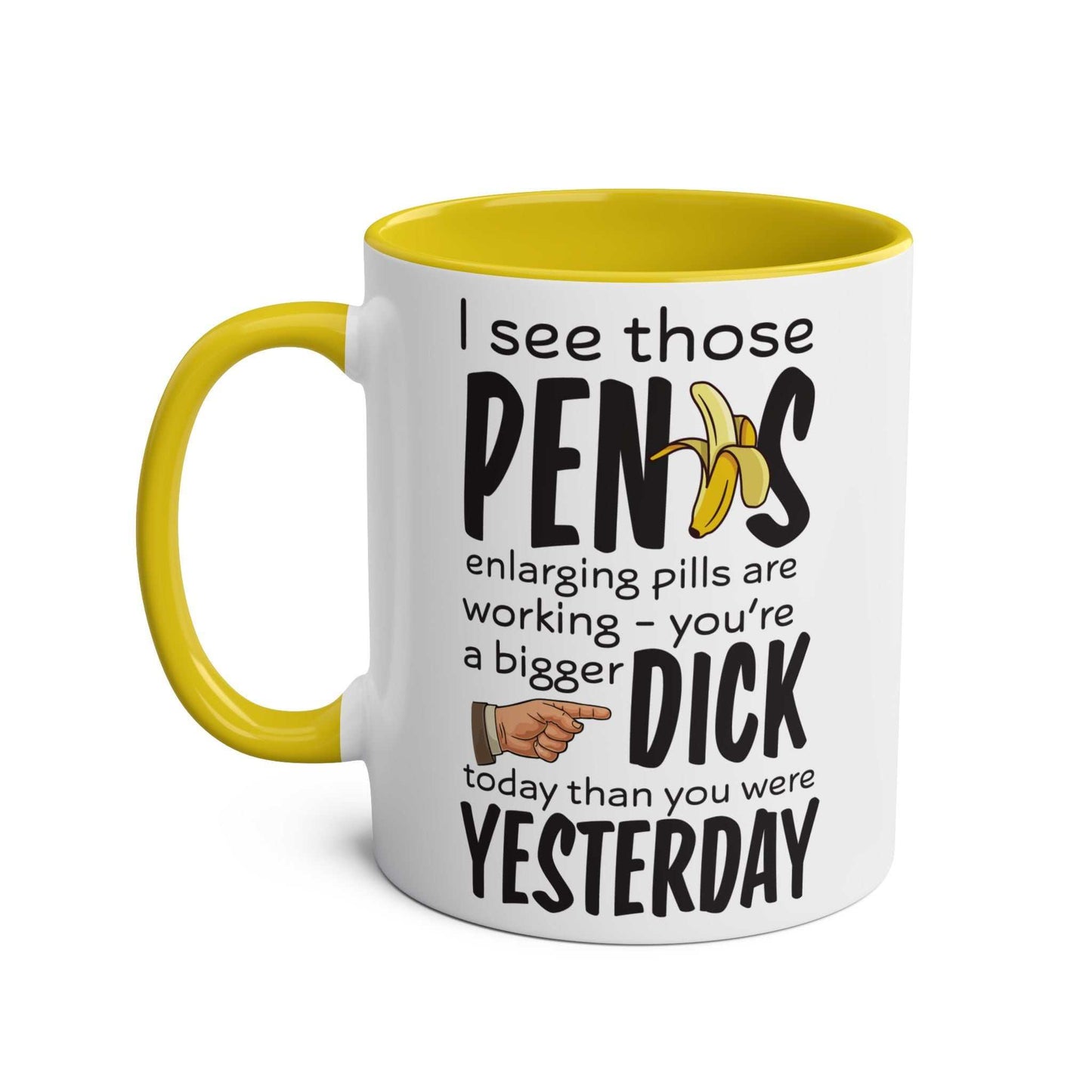 Cheeky rude ceramic two-tone mug with fun print, yellow interior handle, microwave and dishwasher safe.