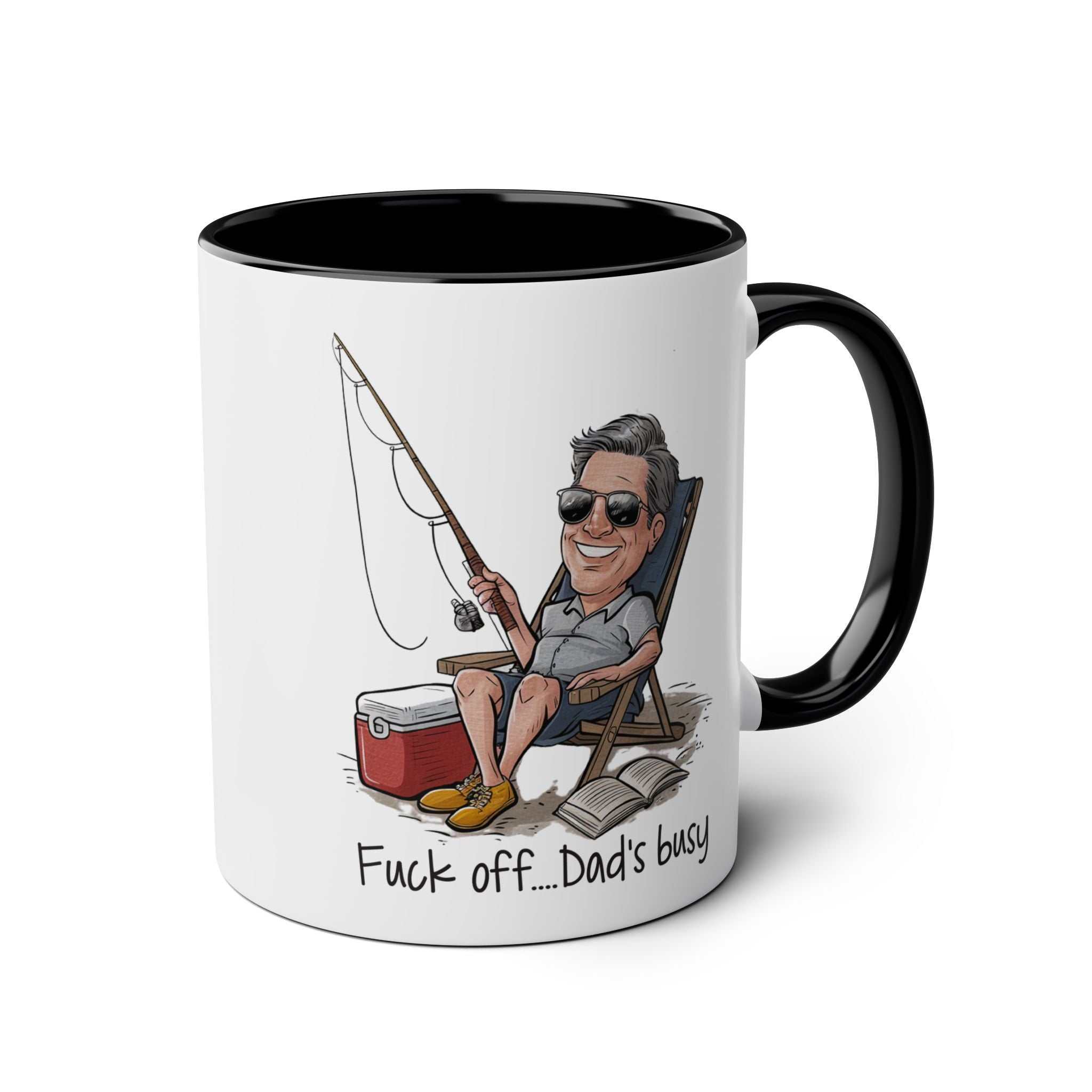 Fun Father's Day gift mug with humorous fishing design and message; perfect for dads.