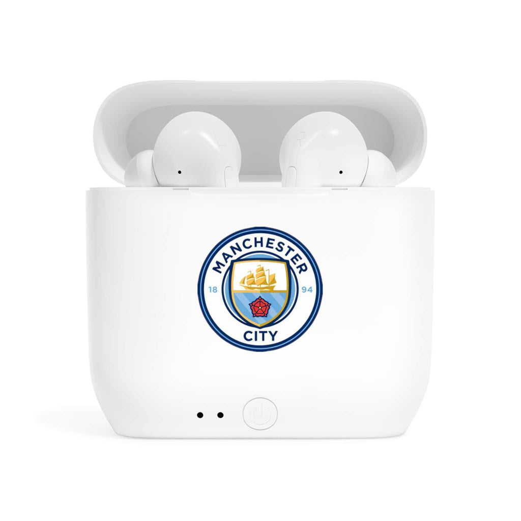 Manchester City Fc wireless earbuds with charging case and fan-inspired club crest design
