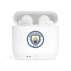 Manchester City Fc wireless earbuds with charging case and fan-inspired club crest design