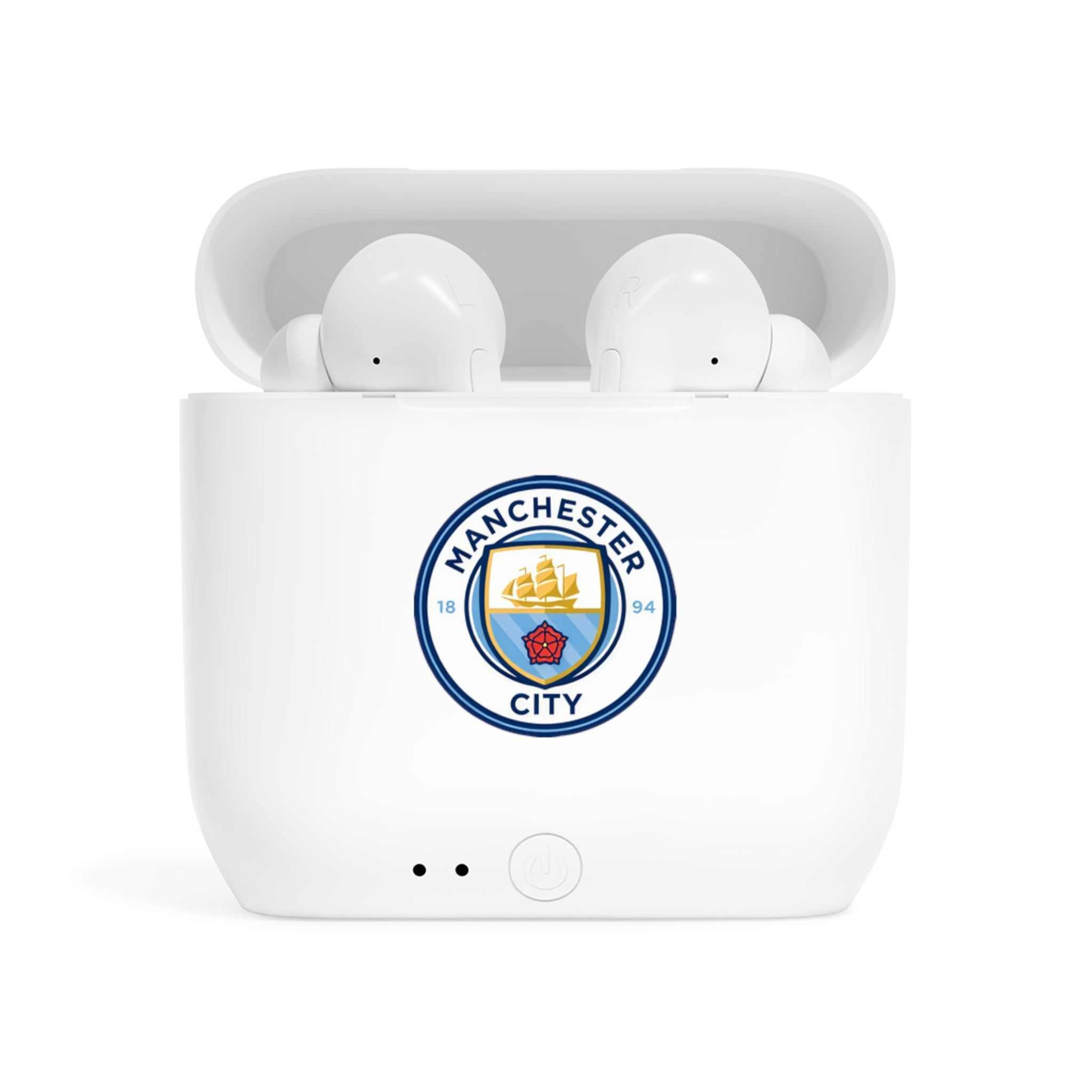 Manchester City Fc wireless earbuds with charging case and fan-inspired club crest design