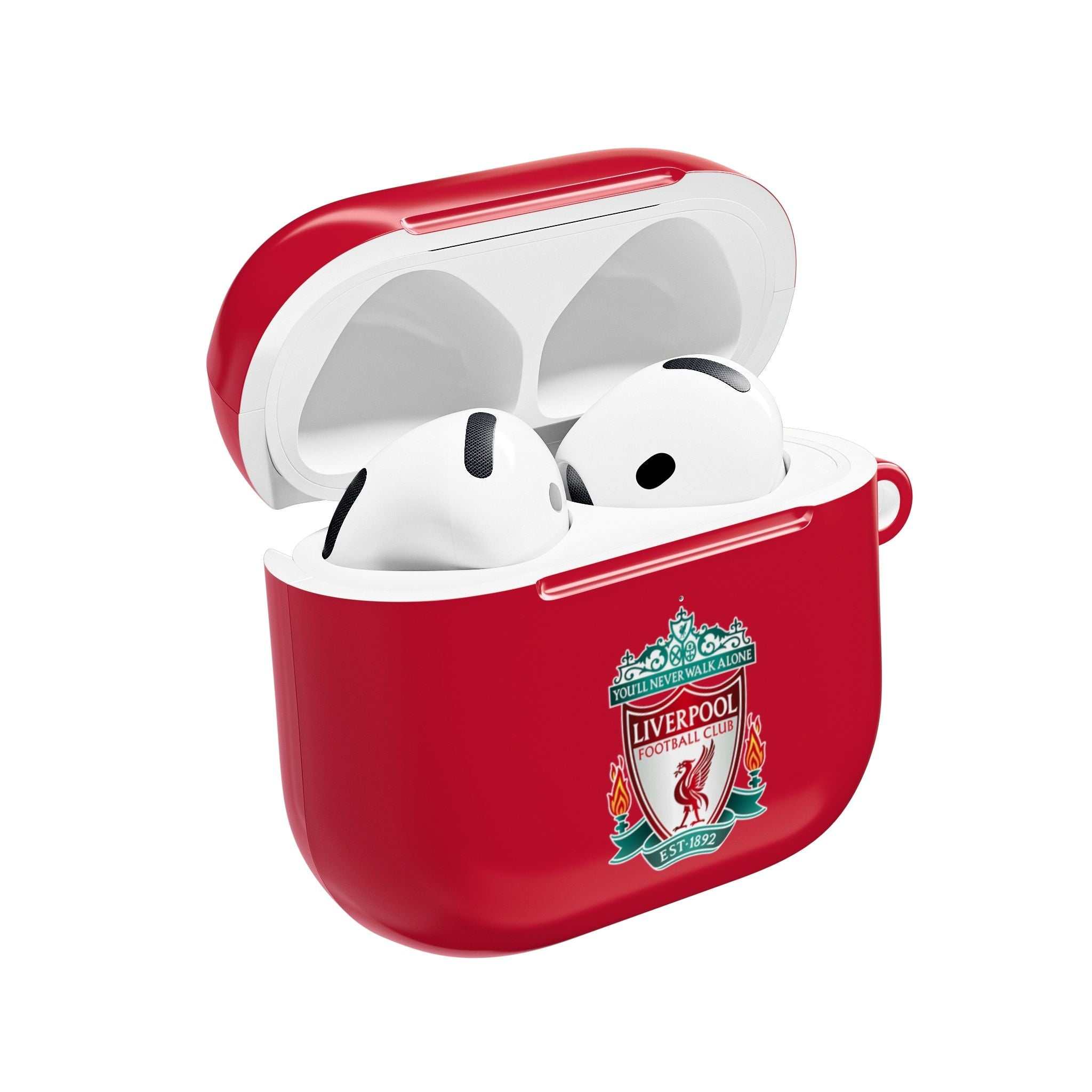 Liverpool FC AirPods protective hard case in red with club crest, shock-resistant and wireless charging compatible