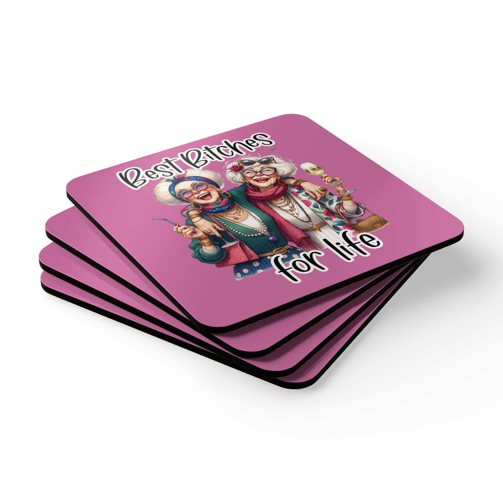 Cheeky "Best Bitches for Life" pink coaster set with cartoon design, non-slip cork backing.