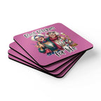 Cheeky "Best Bitches for Life" pink coaster set with cartoon design, non-slip cork backing.