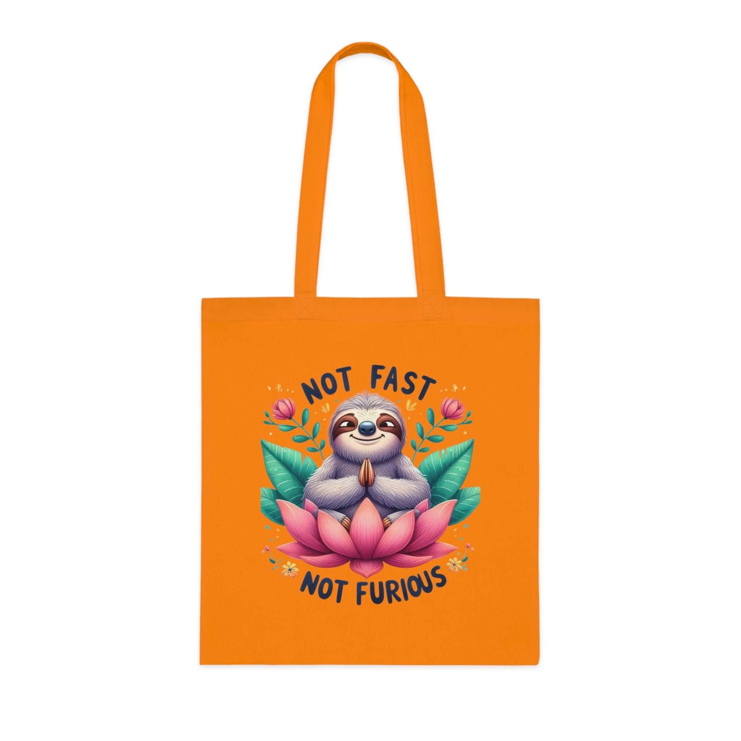 Cotton tote bag with cute sloth design, vibrant colors, 100% cotton.