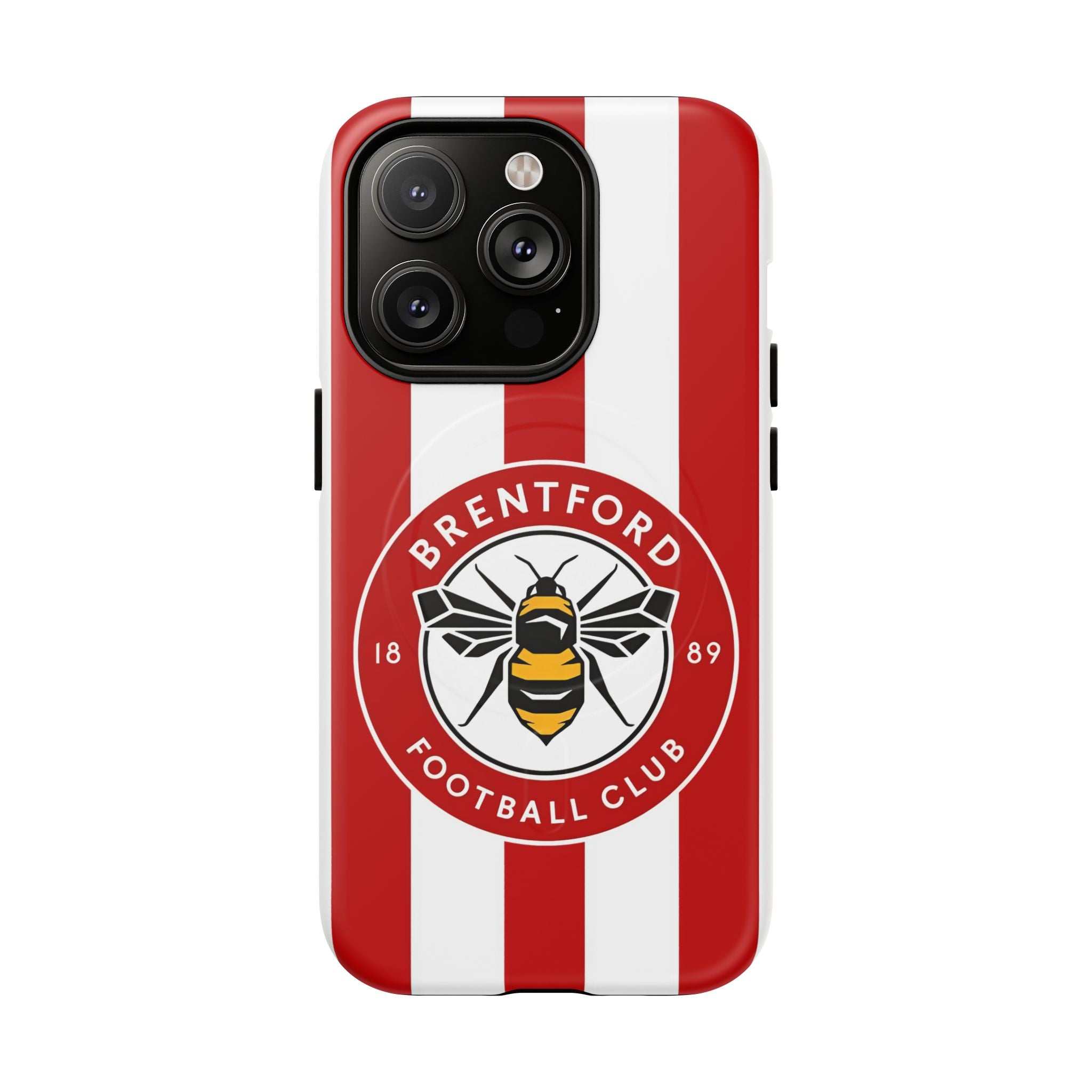Brentford FC MagSafe iPhone case with red and white stripes and team crest, dual-layer protection and wireless charging compatible