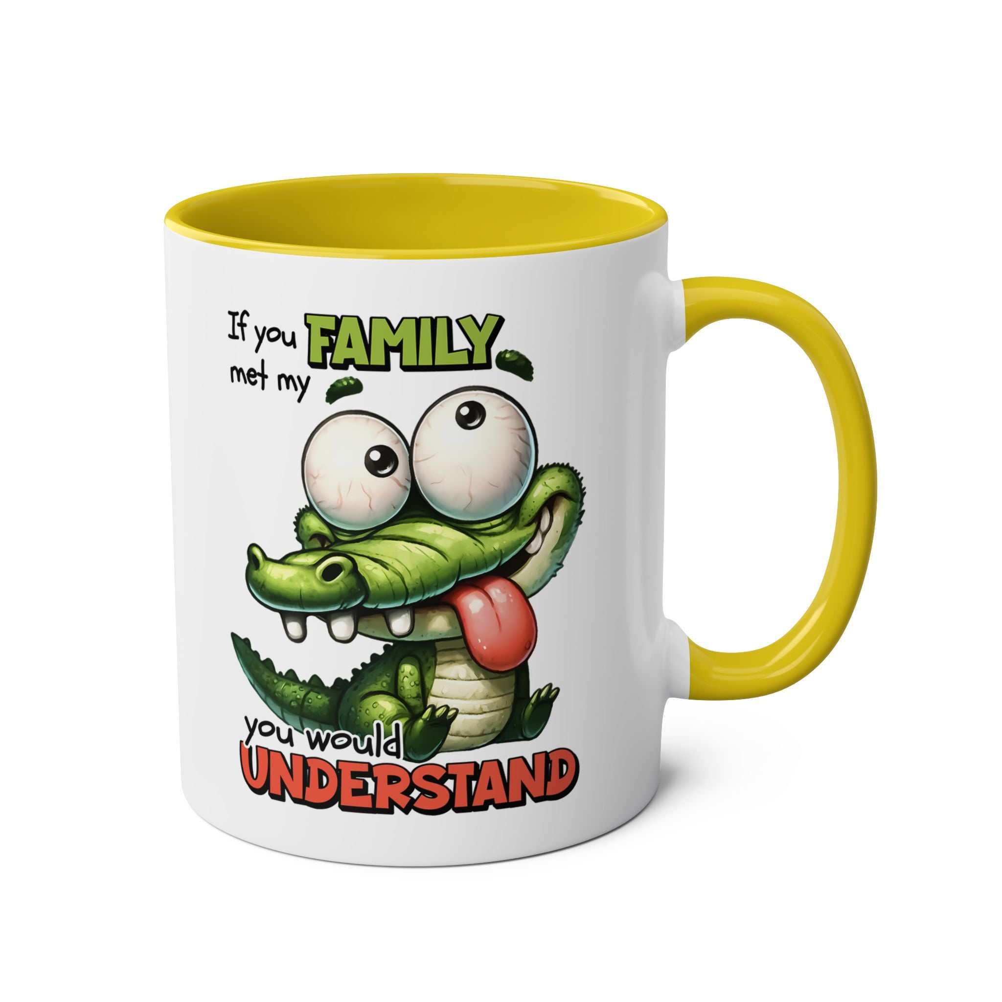Playful family coffee mug with quirky crocodile design and yellow accents.