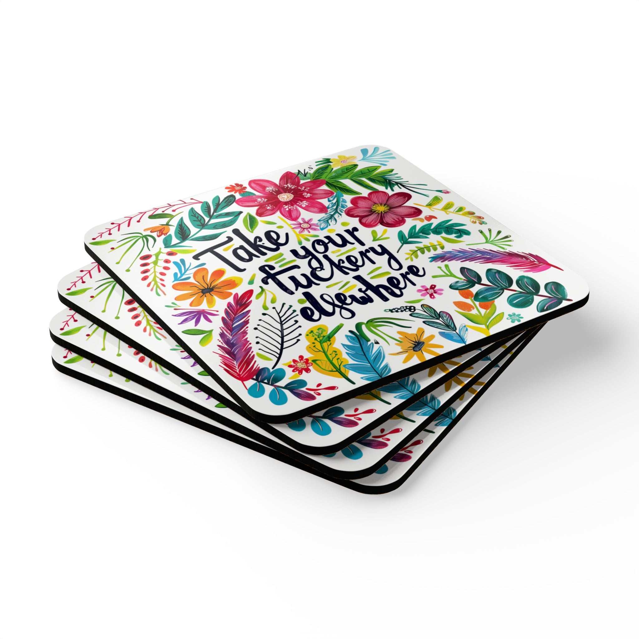 Colorful "Take Your Fuckery Elsewhere" coaster set with floral design, high-gloss MDF tops, cork backing, and rounded corners.