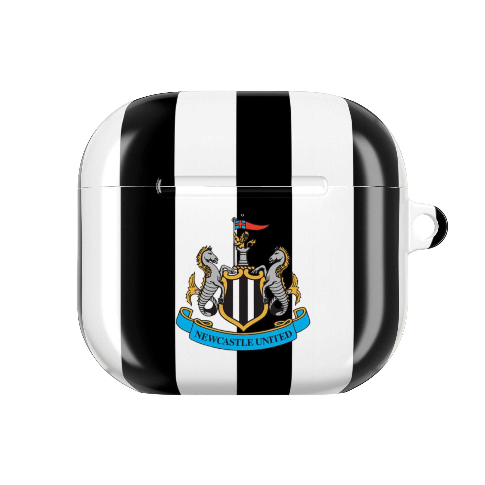 Newcastle Utd FC black and white striped AirPods protective case with club crest and wireless charging compatible