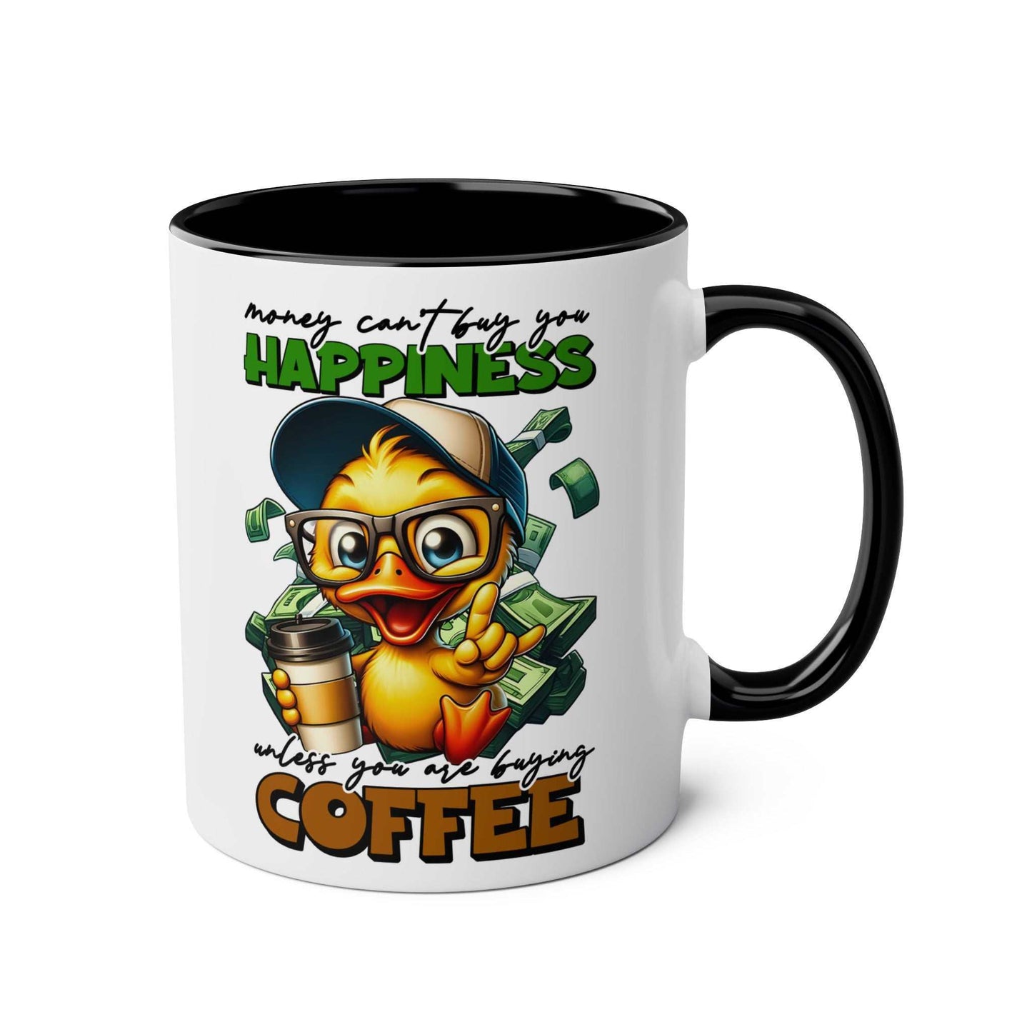 Happiness Coffee Mug with cheerful duck illustration and fun design.