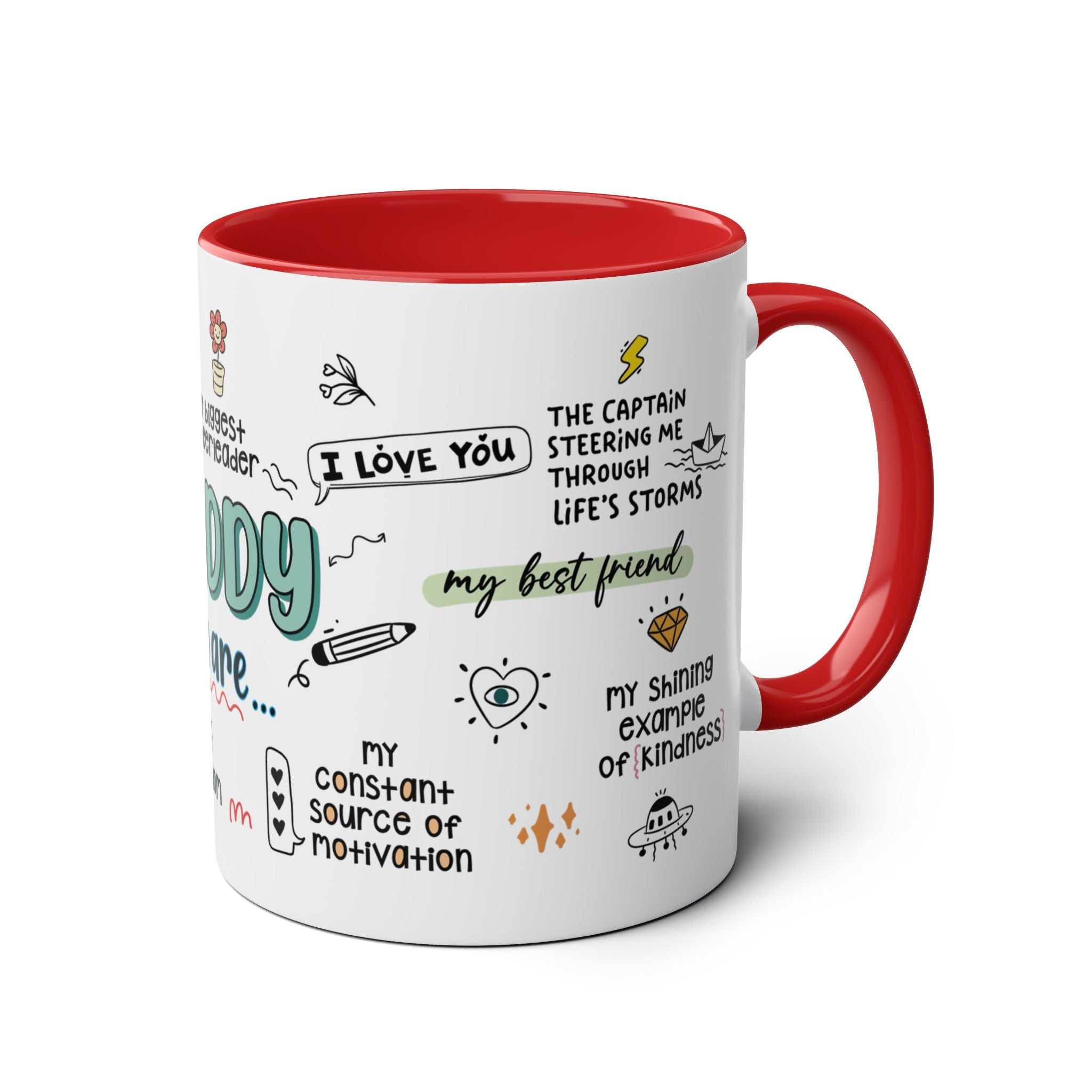 Fathers Day Gift Mug with fun design, red handle, and glossy finish.
