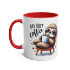 Cute sloth coffee mug with red handle and interior, featuring a lounging sloth design with "But First Coffee" text.