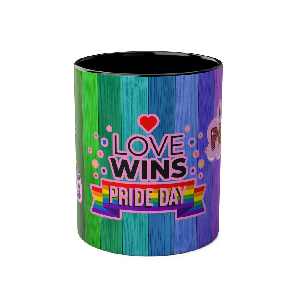 LGBTQ+ Pride Mug with vibrant rainbow design and "Love Wins" message.