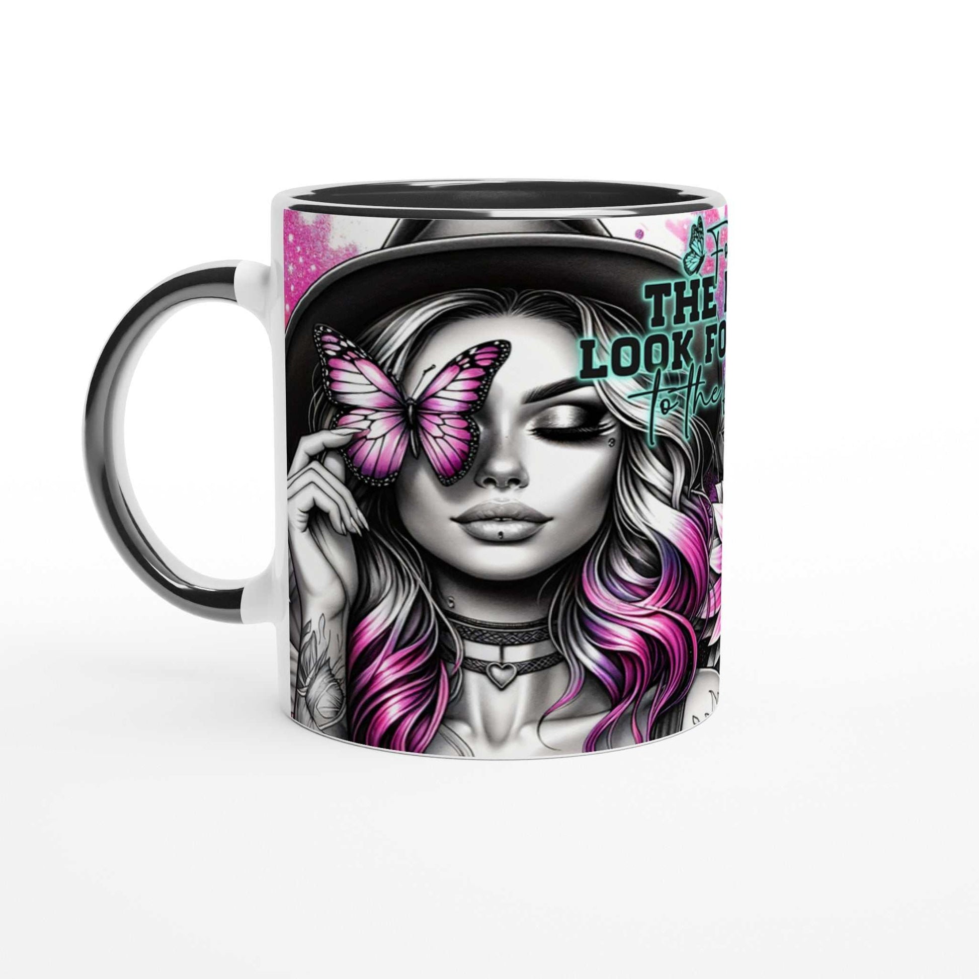 Forget The Past Motivational Coffee Mug with vibrant design and inspirational quote, 11oz ceramic, black rim and handle.