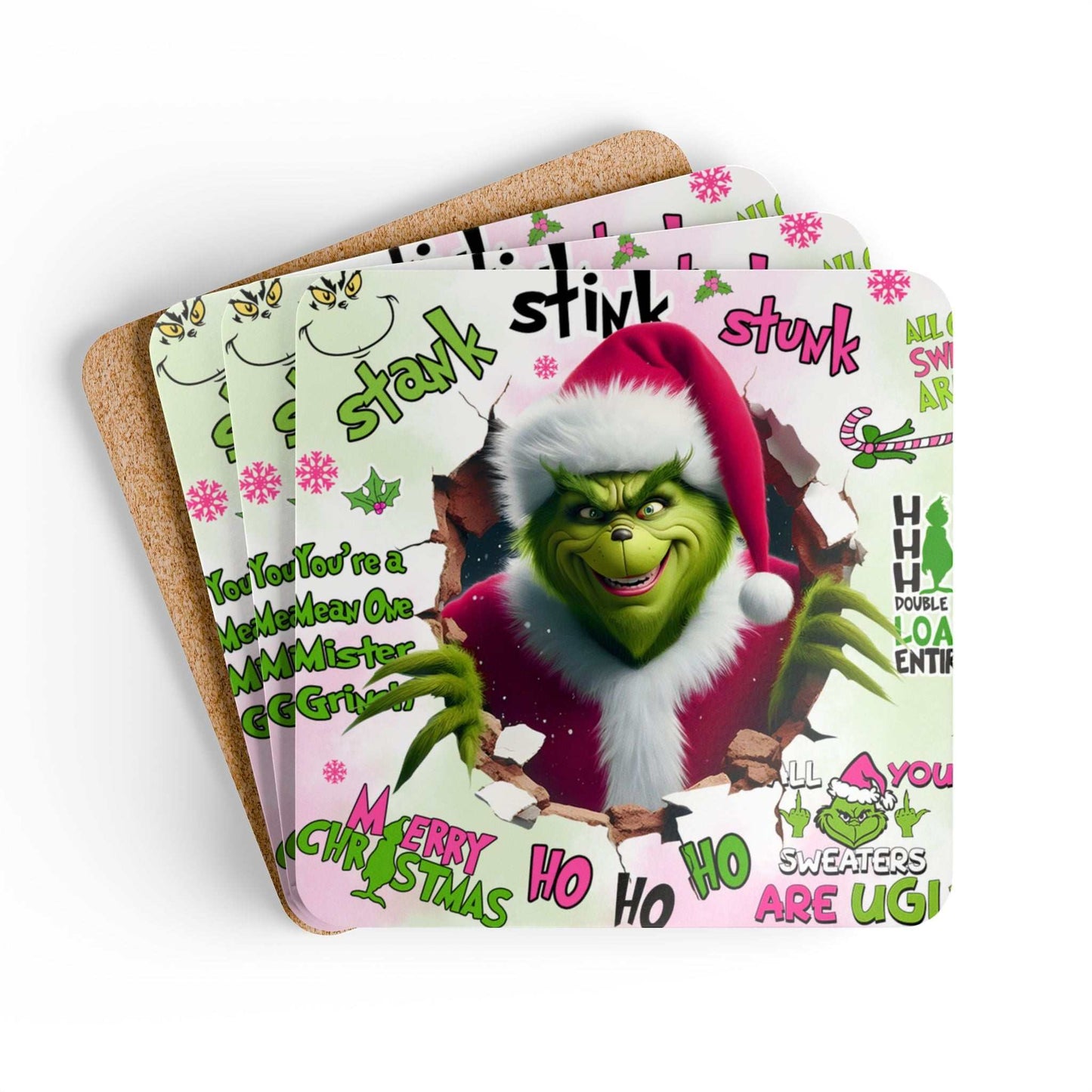 Grinch Christmas Coaster Set featuring the iconic grumpy Grinch, perfect for holiday decor and furniture protection.