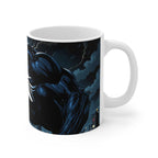 White ceramic coffee mug featuring a glossy Venom-inspired superhero design with a dark cityscape background, microwave and dishwasher safe, 11oz capacity.