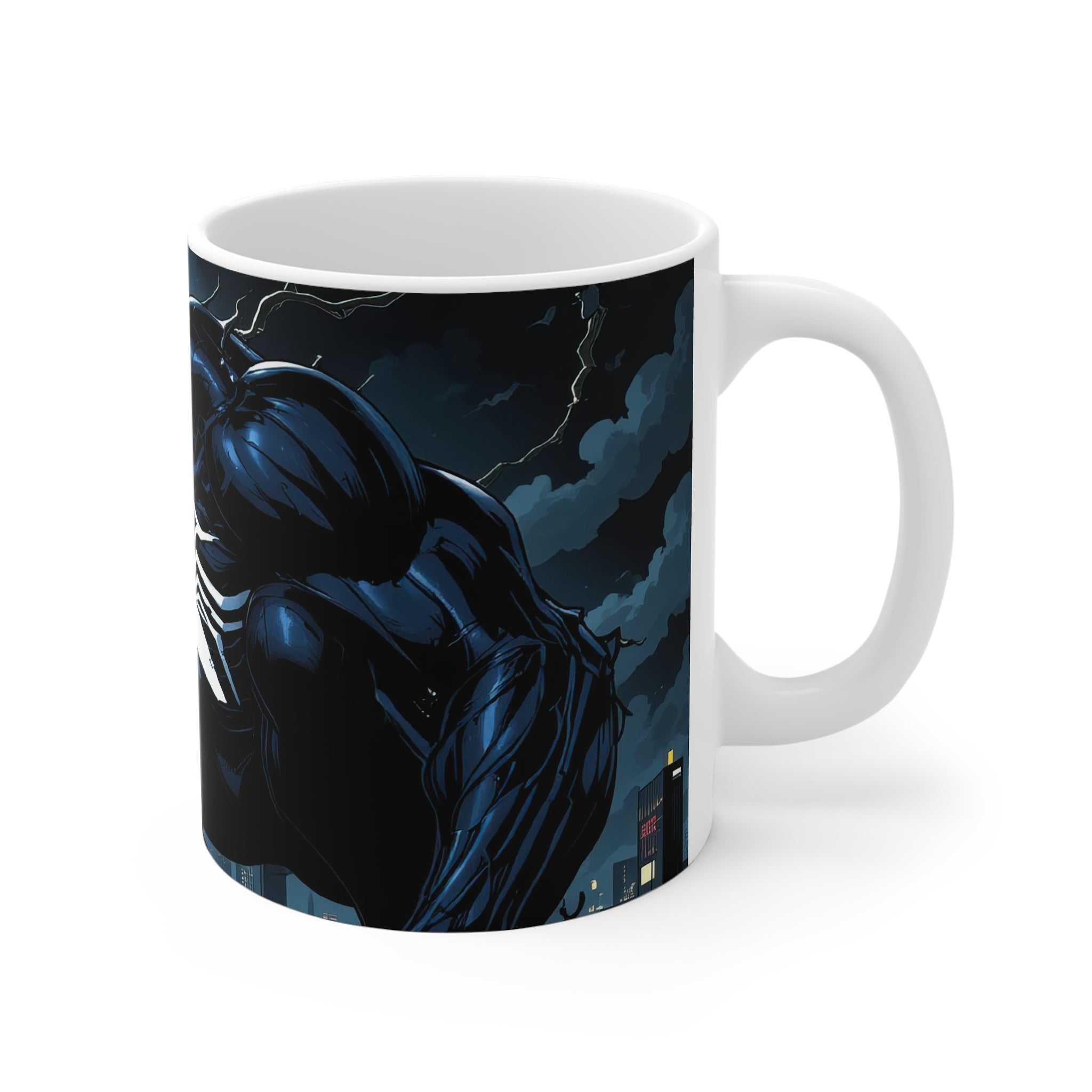White ceramic coffee mug featuring a glossy Venom-inspired superhero design with a dark cityscape background, microwave and dishwasher safe, 11oz capacity.