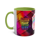 LGBTQ+ Pride Mug with vibrant rainbow design and "Born This Way" text.